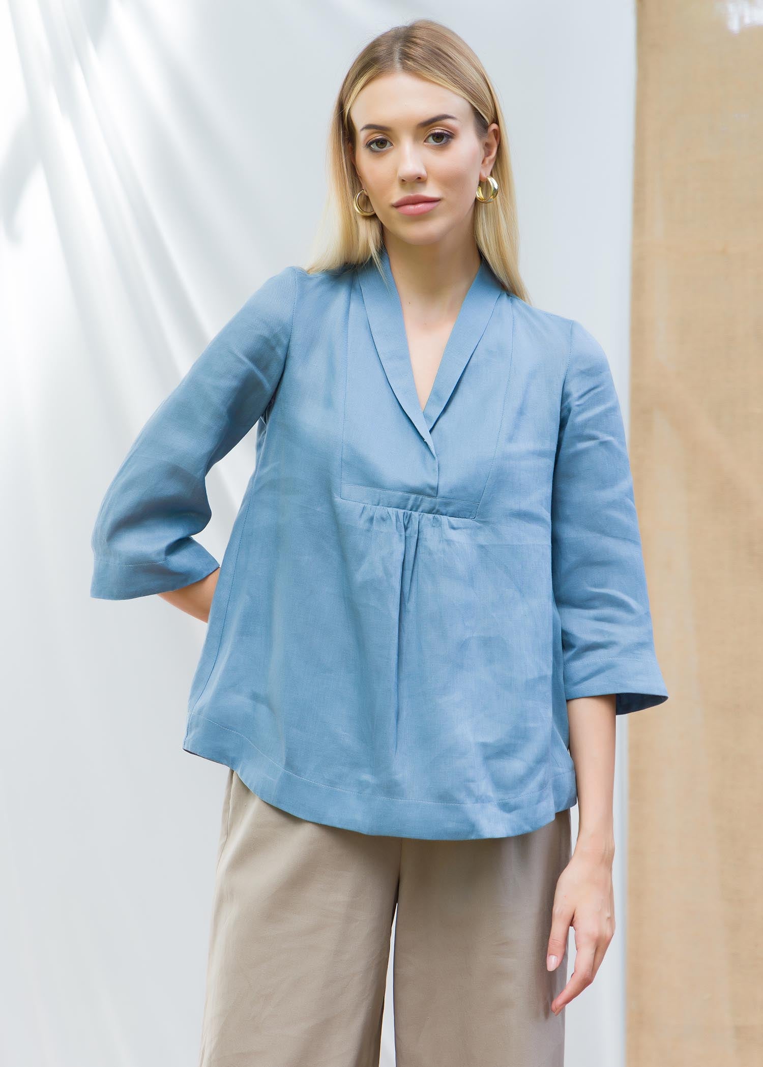 Front yoke blouse with three quarter sleeves