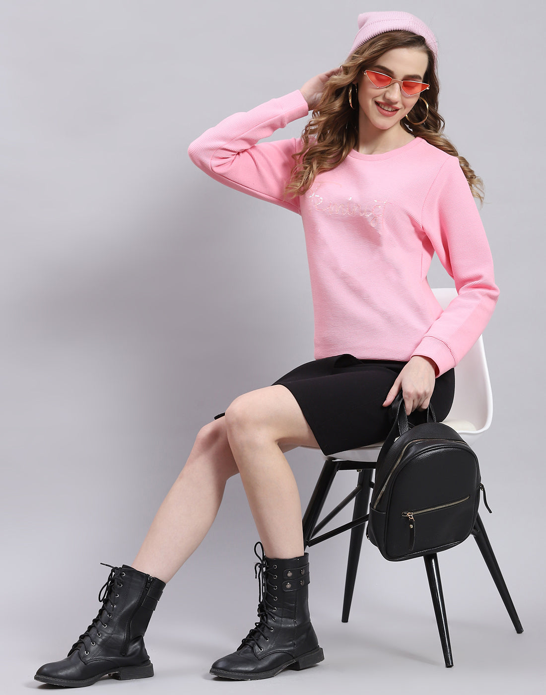 Women Pink Self Design Round Neck Full Sleeve Sweatshirt