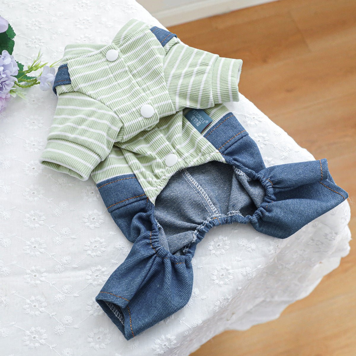 Striped Heart Pattern Denim Dog Jumpsuits