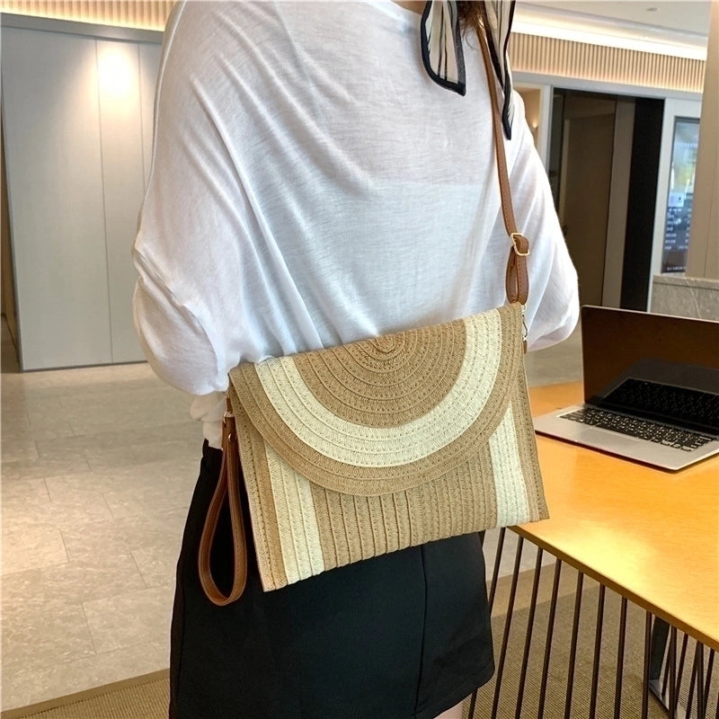 Women's Paper String Solid Color Vacation Square Magnetic Buckle Straw Bag