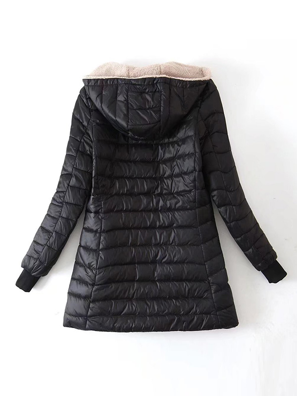 Long Sleeves Keep Warm Pockets Velvet Zipper Hooded Outerwear Padded Coat
