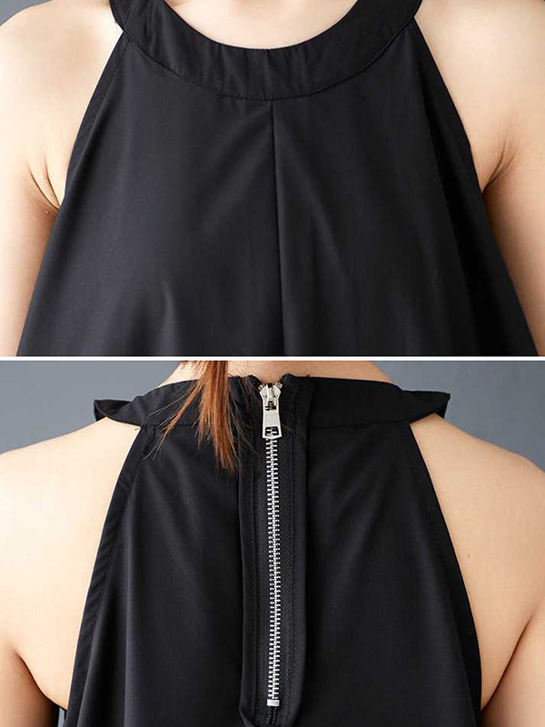 A-Line Loose Drawstring Pleated Pockets Solid Color Zipper Spaghetti-Neck Midi Dresses