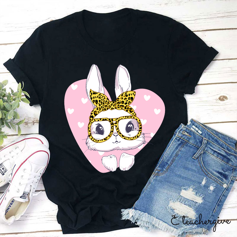 Bunny Face Leopard Glasses Poping Out Of A Heart Teacher T-Shirt