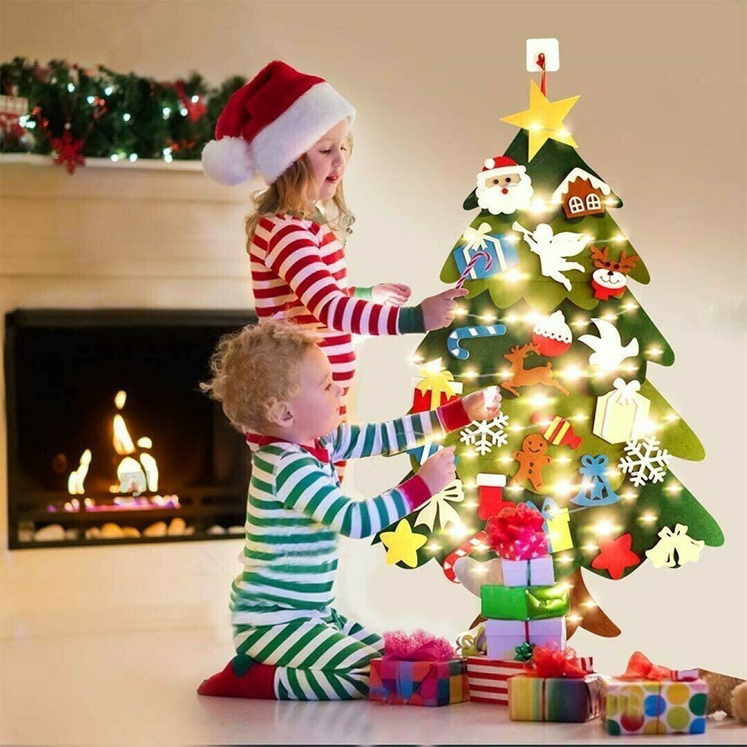 (🎅 Christmas Sale - 49% Off) Felt Christmas Tree Set with 32PCS Tree Hanging Wall Ornaments 30LED String Lights✨DIY with Kids