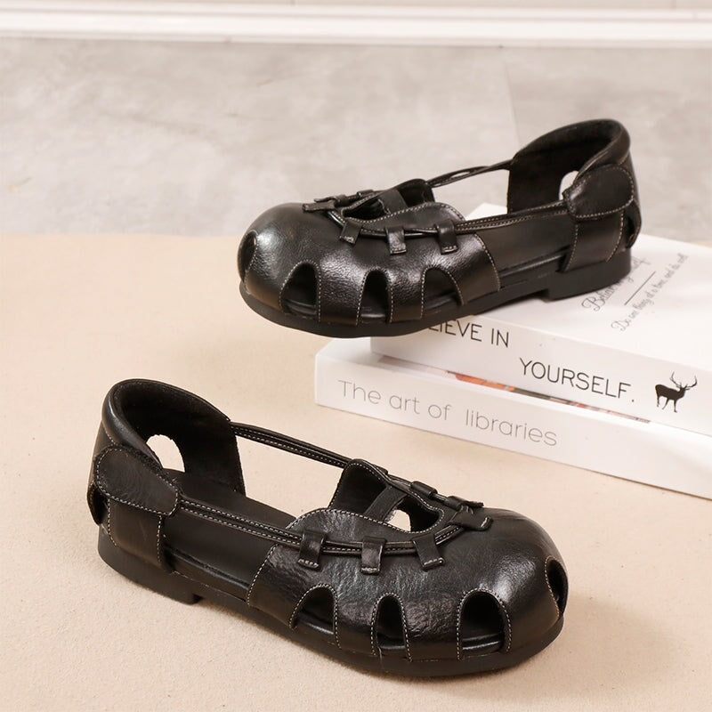 Breathable Fashion Design Round Toe Hollow-Out Leather Sandals with Velcro Strap in Red/Black