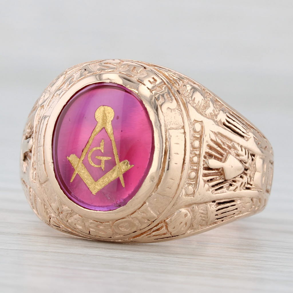 Vintage Masonic Signet Ring 10k Gold Lab Created Ruby Square Compass Blue Lodge