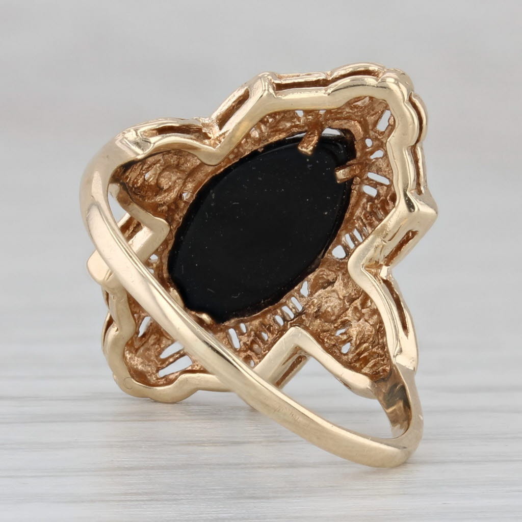Onyx Navette Cabochon Filigree Ring 10k Yellow Gold Size 7.25