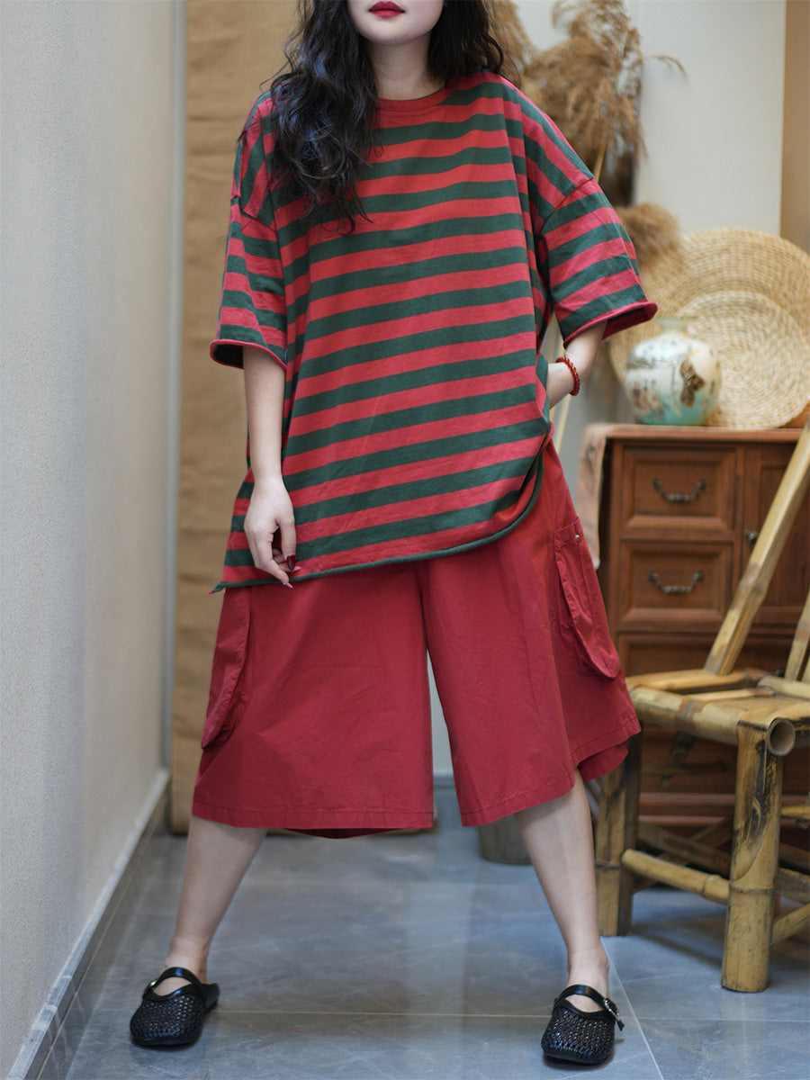 Women Summer Casual Stripe Cotton O-Neck Shirt