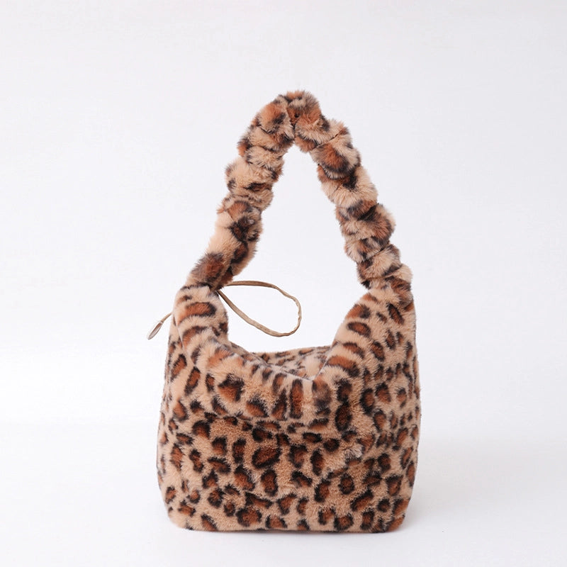 Women's Plush Leopard Vintage Style Classic Style Bucket Zipper Bucket Bag