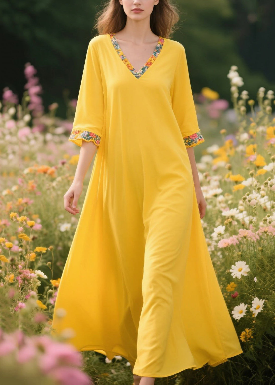 Casual Yellow V Neck Patchwork Cotton A Line Dress Summer