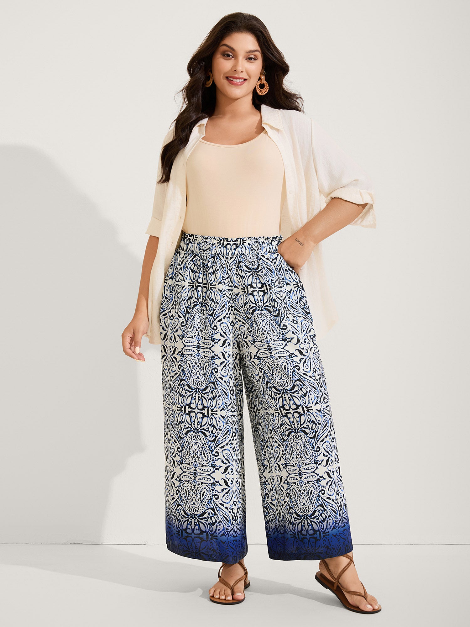 Abstract Floral Print Shirred Wide-Leg Pants