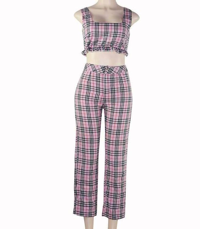 Pink Plaid Crop Top & Trousers Set