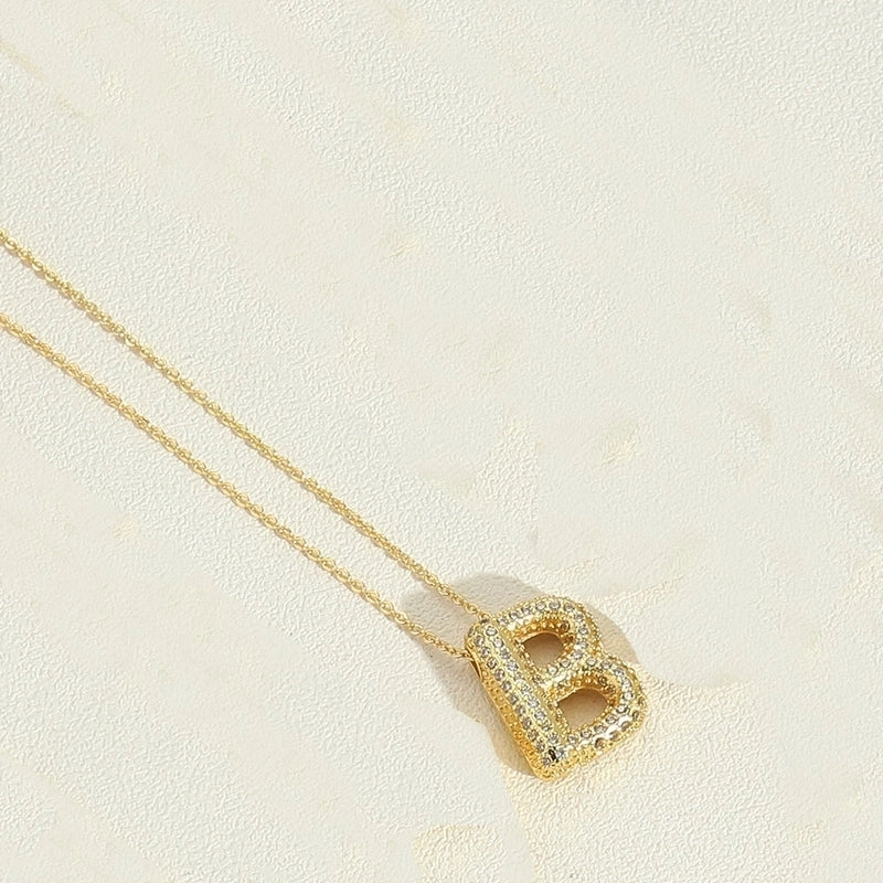 Copper 14K Gold Plated Minimalist Inlay Letter Zircon Pendant Necklace