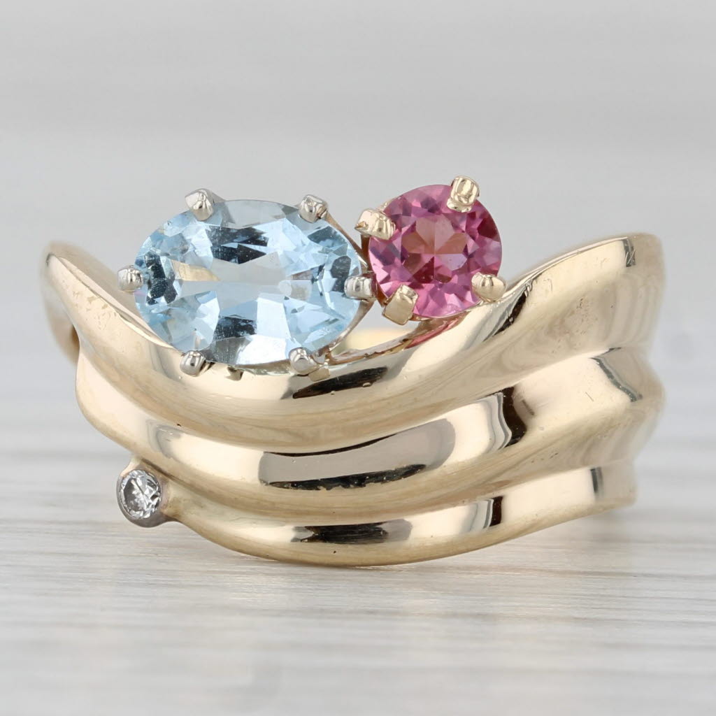 0.97ctw Aquamarine Pink Tourmaline Diamond Ring 14k Yellow Gold Size 6.5