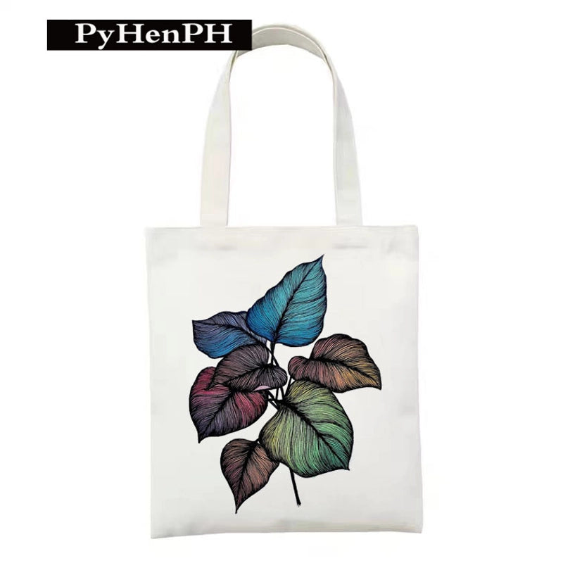 Women's Polyester Cartoon Leaves Streetwear Square Open Canvas Bag