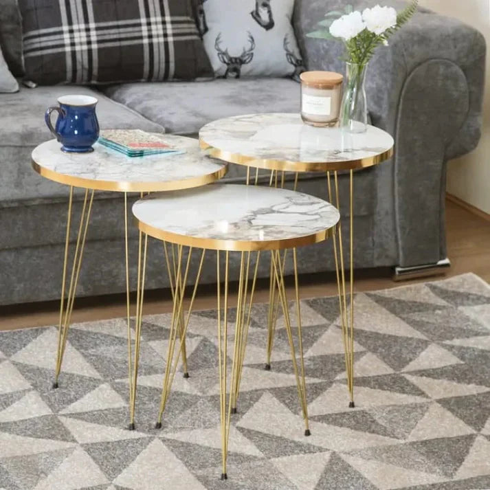 3PCs Coffee Table Set Metal with Marble PVC Top