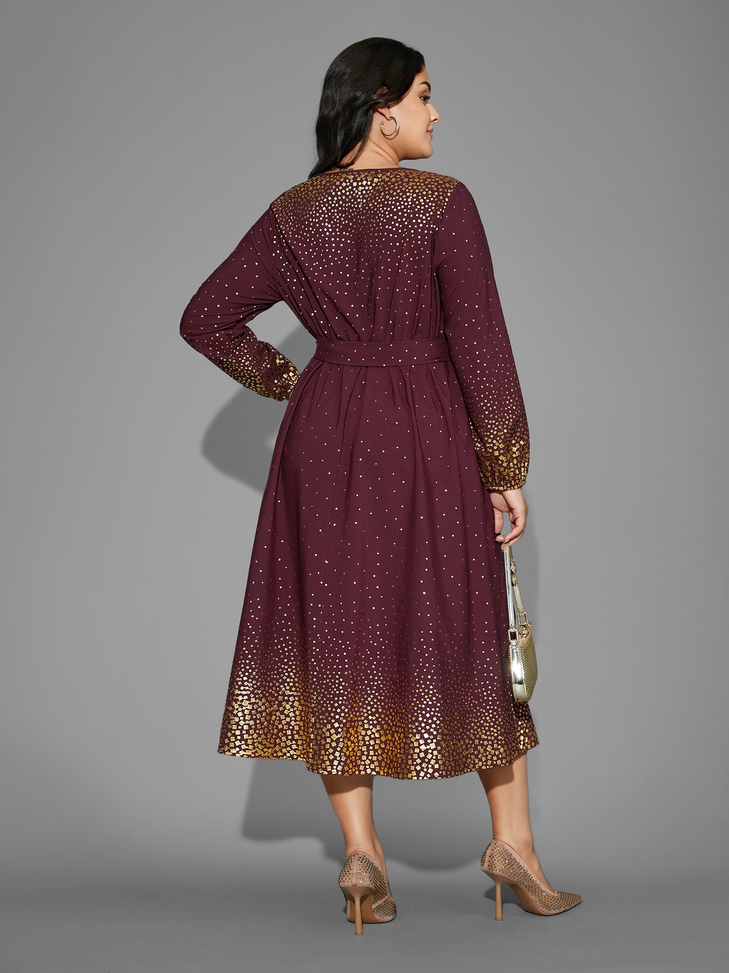 Glitter Round Neck Belted Lantern Sleeve Dress