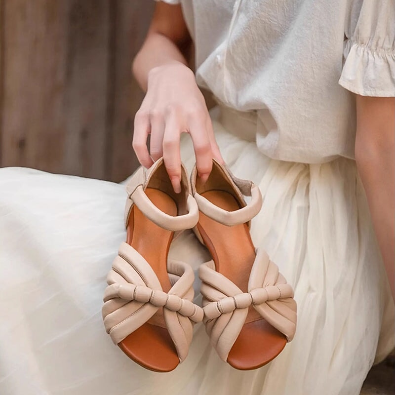 Handmade Leather Woven Peep Toe Roman Sandals with Velcro Strap in Green/Apricot