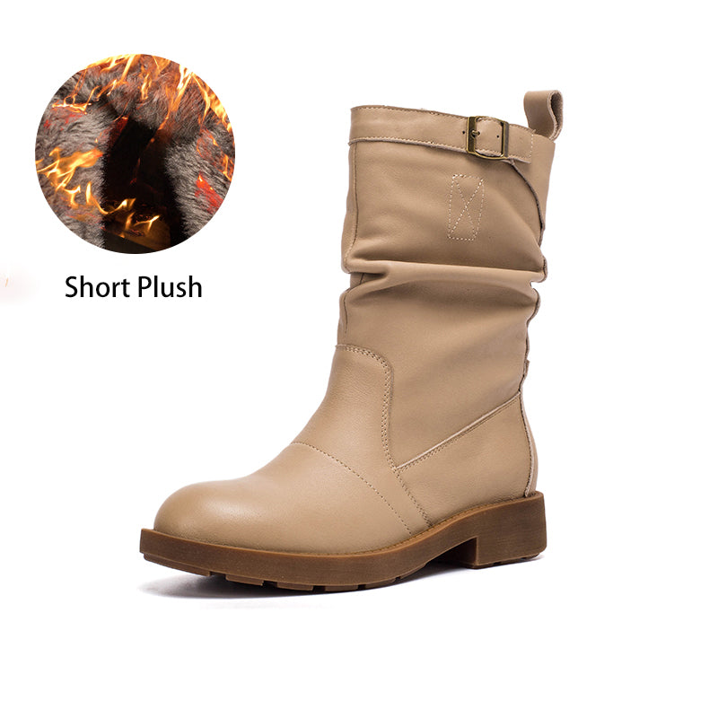 Soft?Leather Mid Calf Boots Fold Design Riding Boots Short Plush Lined For Winter