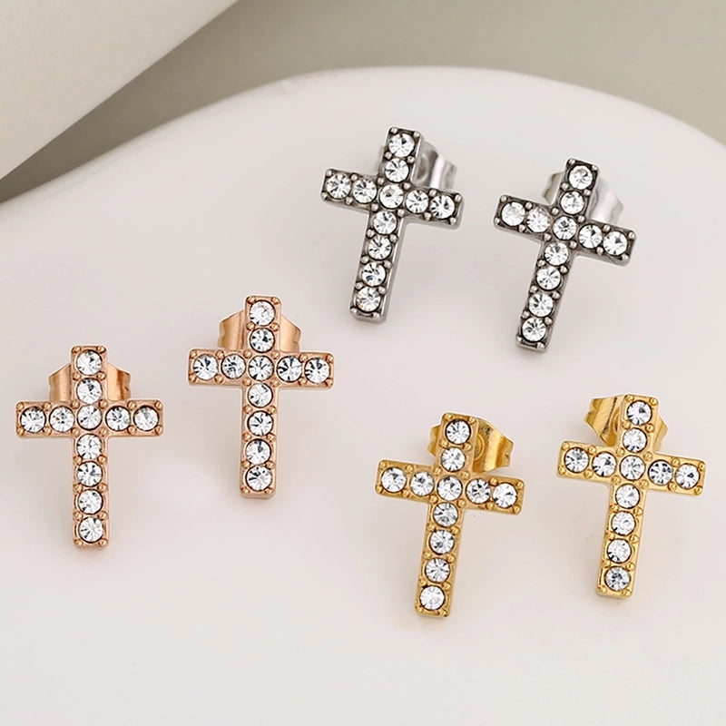 1 Set 1 Pair Luxurious Shiny Cross 304 Stainless Steel Ear Studs