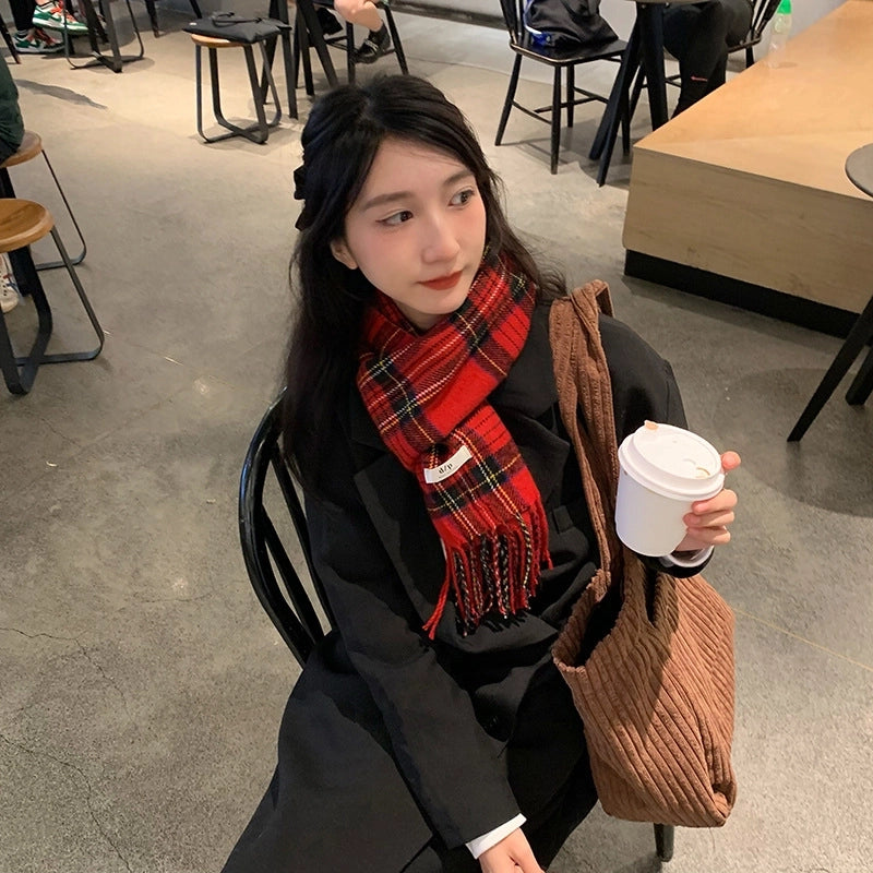 Red Plaid Scarf Autumn And Winter Short Casual Plaid Cashmere Scarf For Women