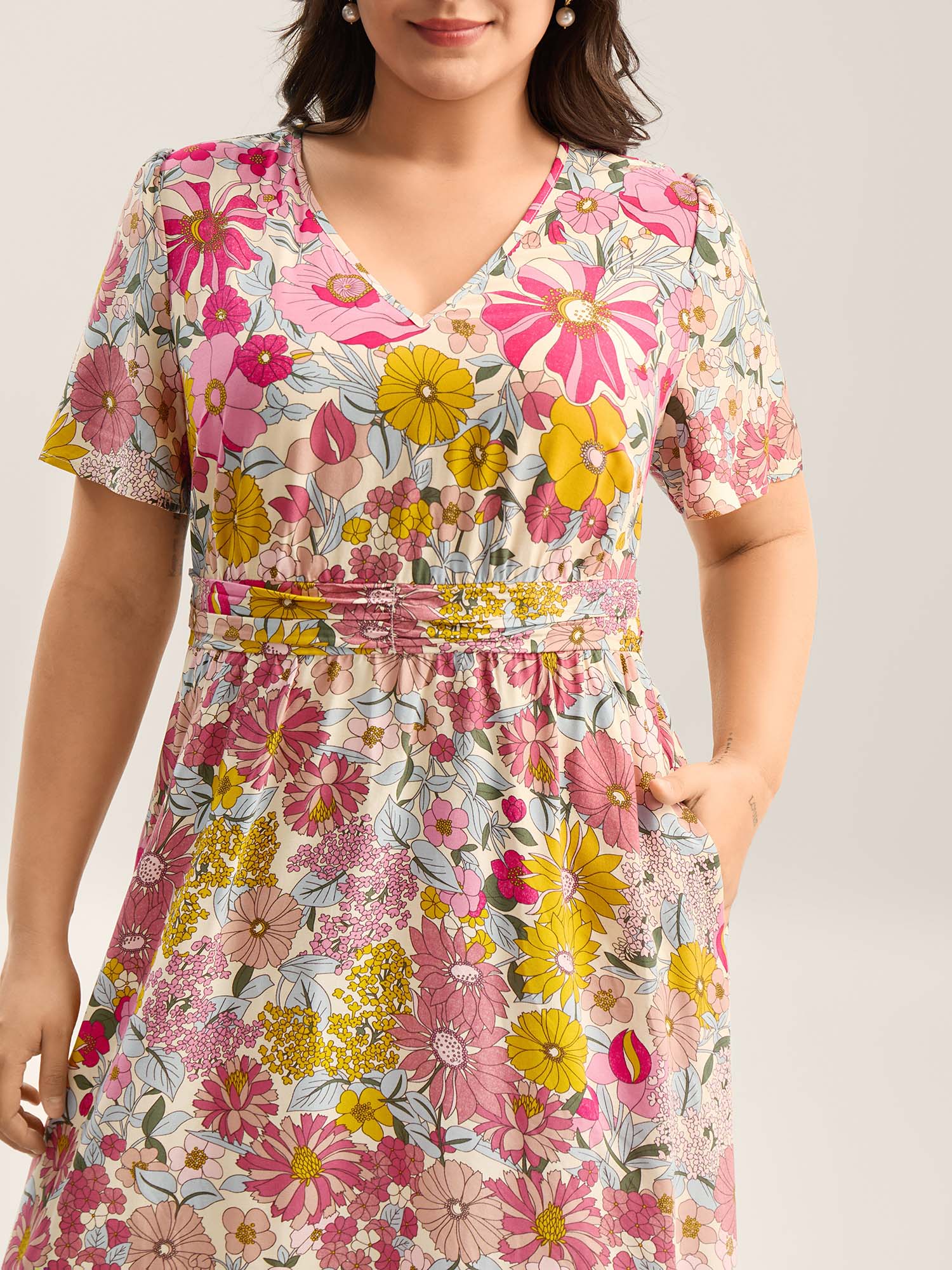 Vibrant Floral Print Pleated Waist Midi Dress