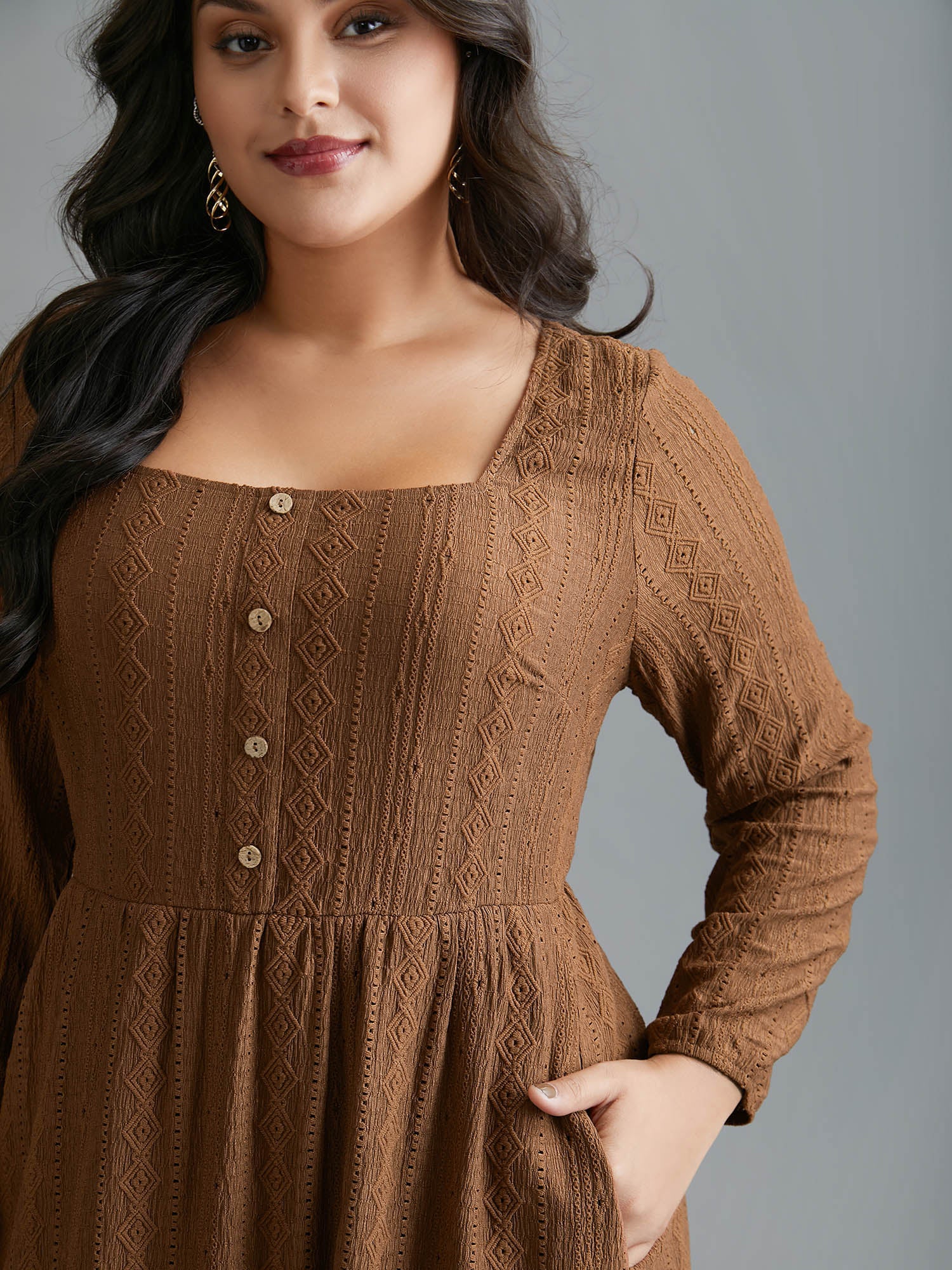 Textured Button Detail Square Neck Knit Dress