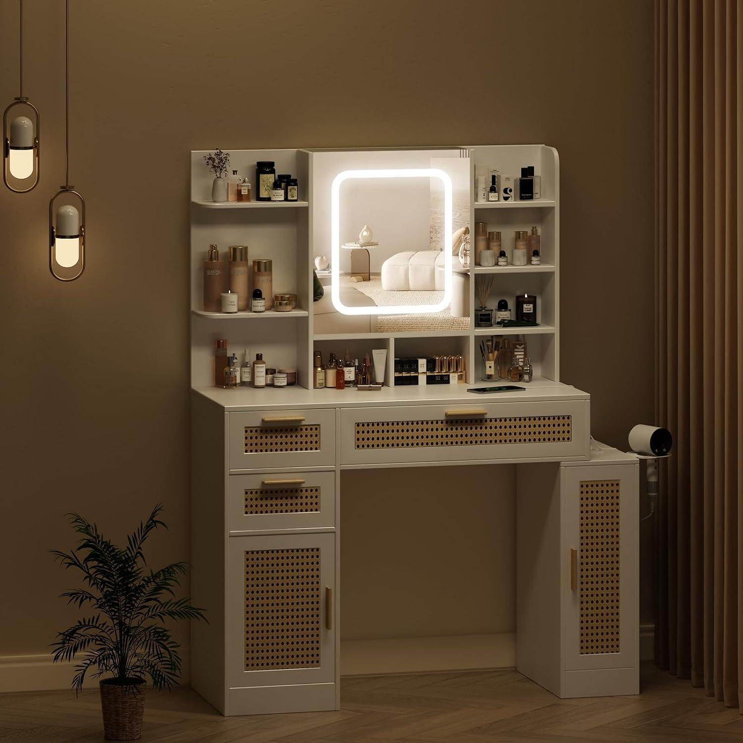 Makeup Vanity with Lights in 3 Colors and Power Outlet 43.6inch Big Vanity Table