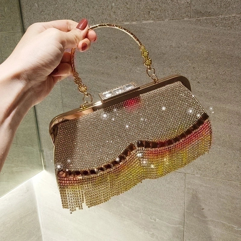 Black Gold Silver Pu Leather Solid Color Rhinestone Square Tassel Evening Bags