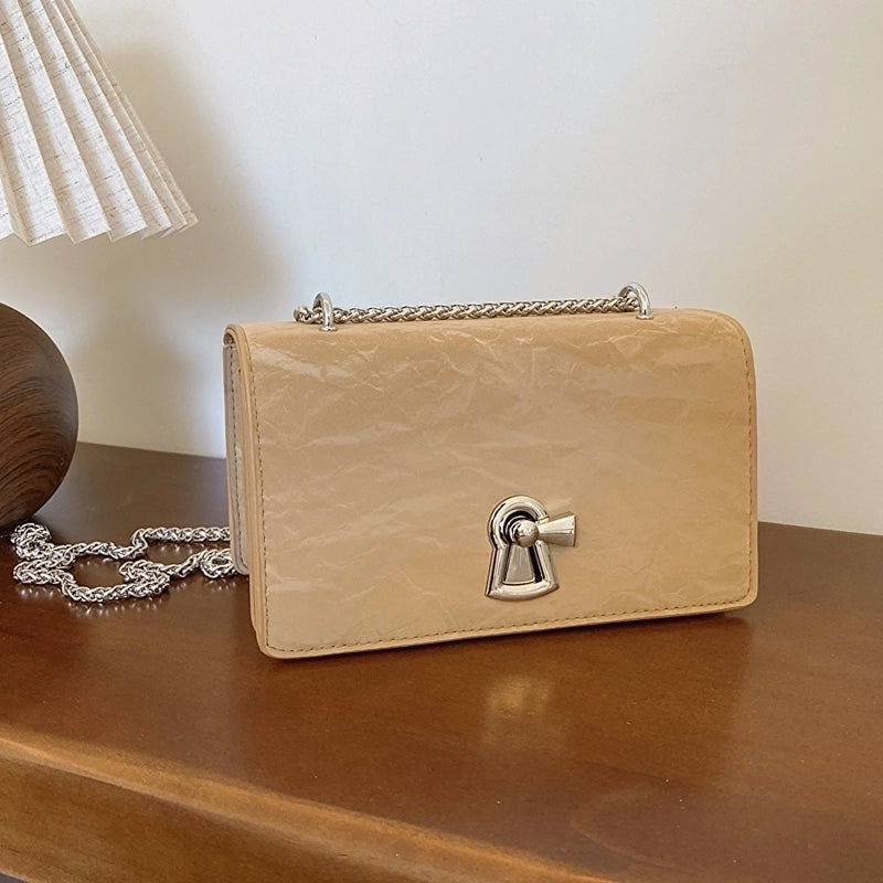 Women's Small Pu Leather Solid Color Elegant Square Lock Clasp Shoulder Bag Crossbody Bag