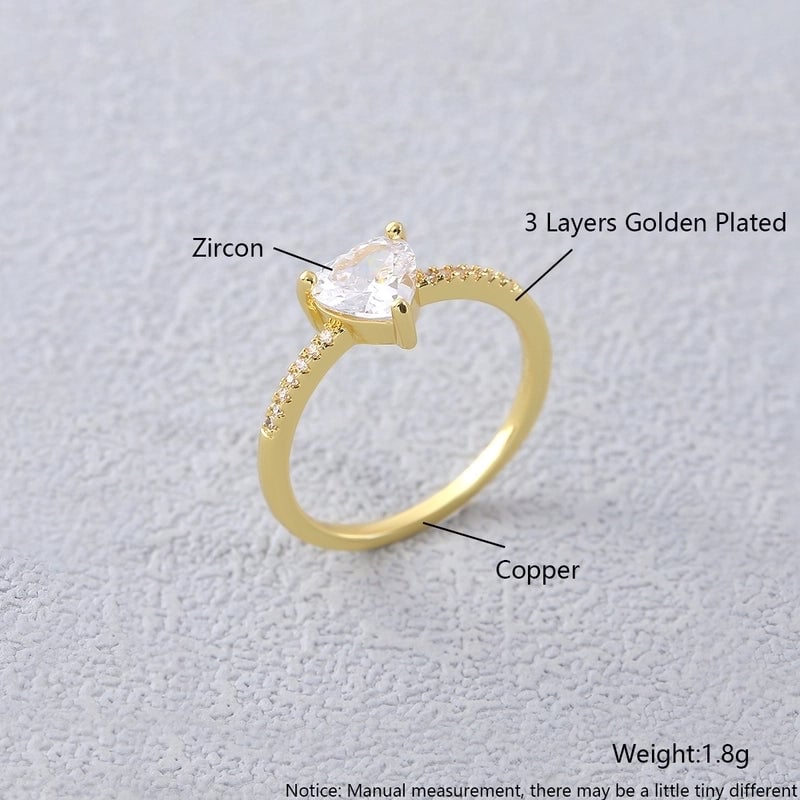 Copper 18K Gold Plated Gold Plated Plating Inlay Water Droplets Heart Shape Zircon Open Rings Rings