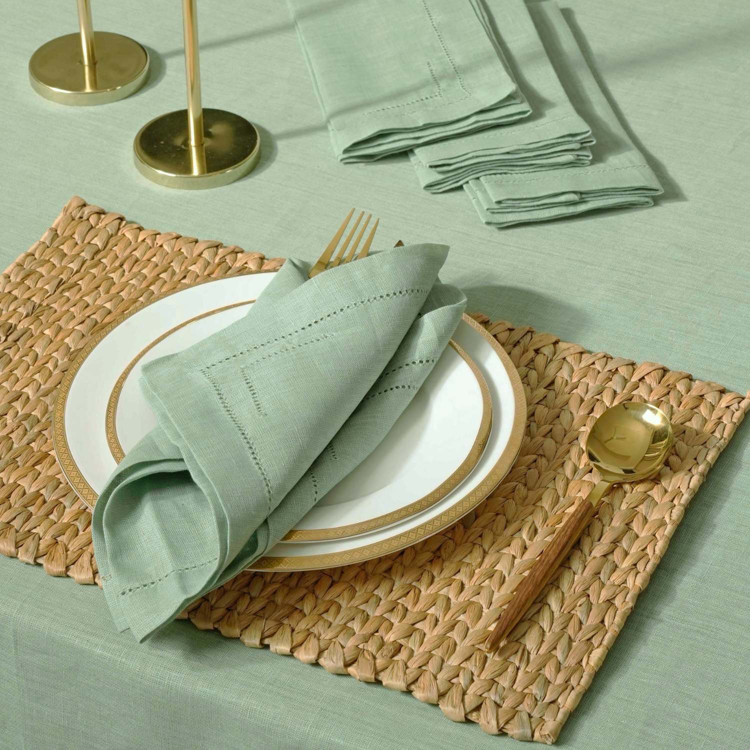 Sage Green 100% Linen Incomplete Hemstitch Napkins