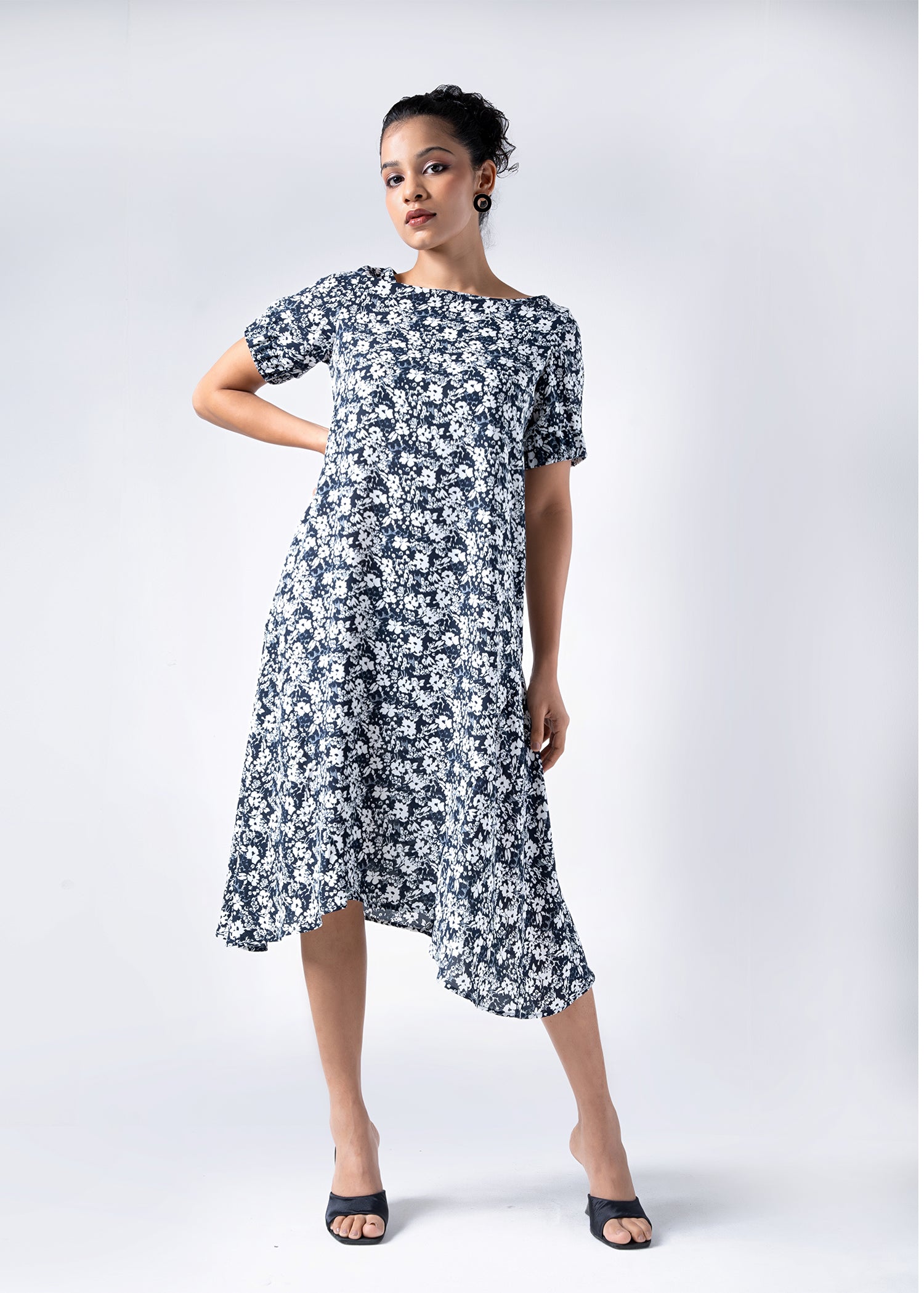 Printed Dress With Elasticated Sleeves