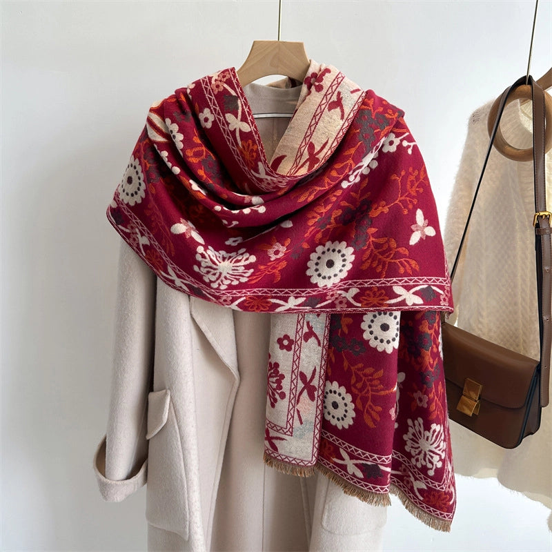 Women's Casual Retro Color Block Imitation Cashmere Flowers Scarf