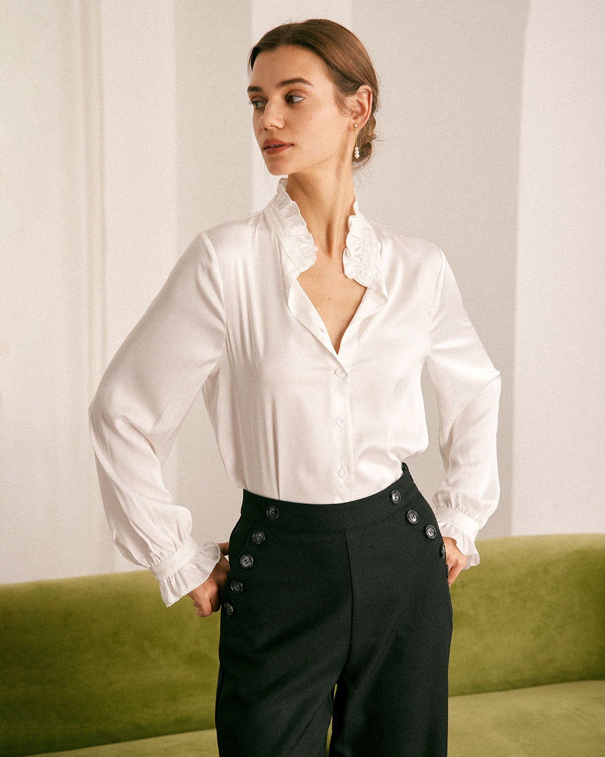 The White Mock Neck Ruffled Satin Shirt