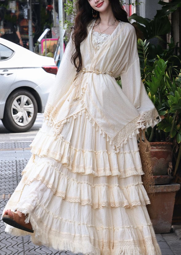 Art Beige V Neck Lace Patchwork Tassel Cardigans Maxi Skirts And Two Piece Set Spring