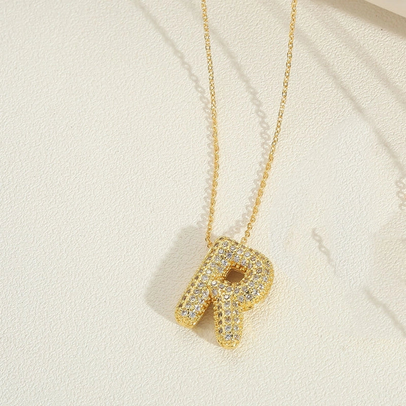 Copper 14K Gold Plated Minimalist Inlay Letter Zircon Pendant Necklace