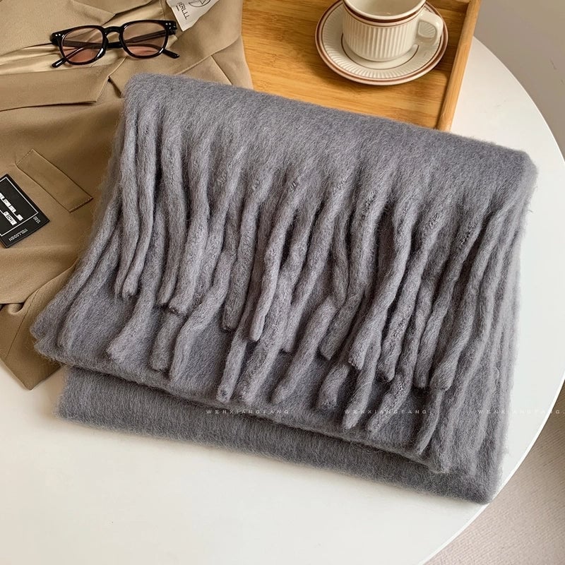 Solid Color Mohair Scarf For Women Autumn And Winter New Thick Braid Winter Student Shawl Scarf