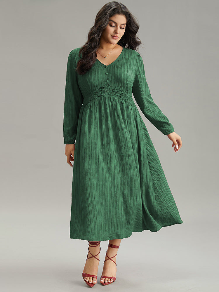 Solid Plisse Button Detail Shirred Dress