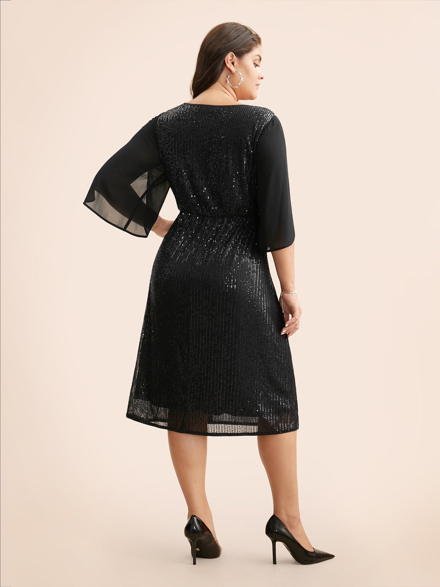 Sequin Mesh Patchwork Petal Sleeve Dress