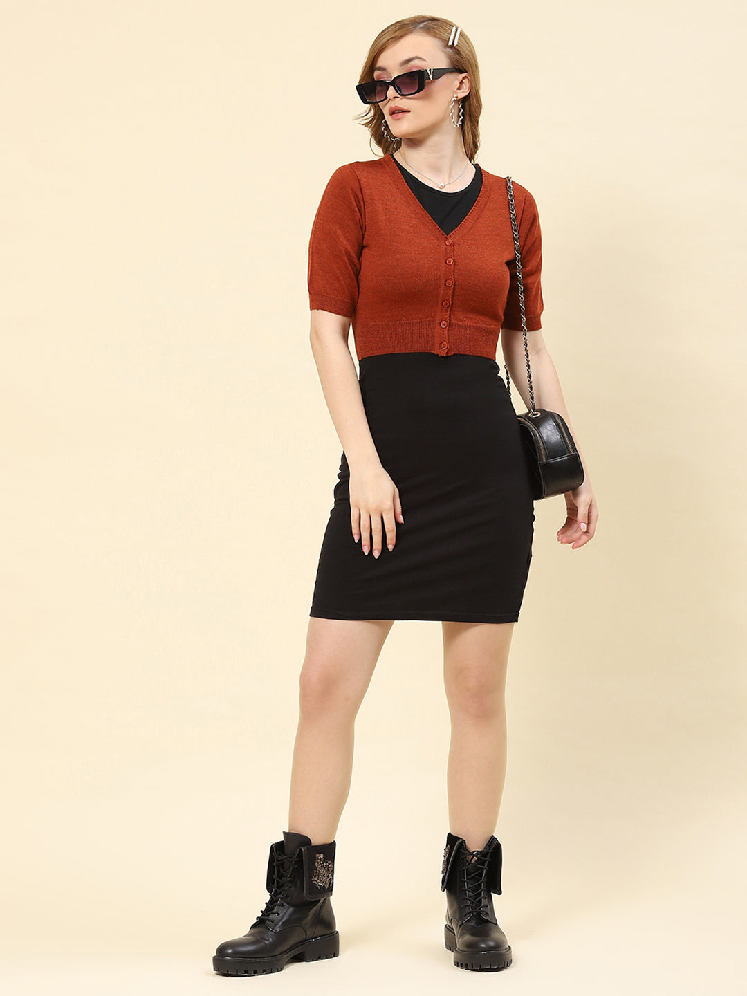 Women Rust Solid V Neck Half Sleeve Blouse