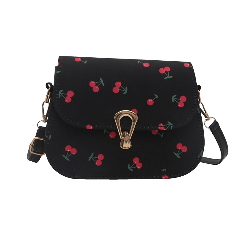 Simple Trendy  Cherry Print Elegant Twist Lock Shoulder Bag Fresh Crossbody Small Square Bag