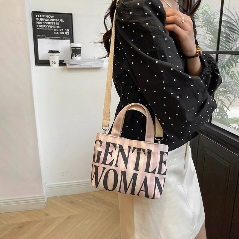 Women's Canvas Letter Cat Strawberry Cute Sewing Thread Open Handbag Crossbody Bag