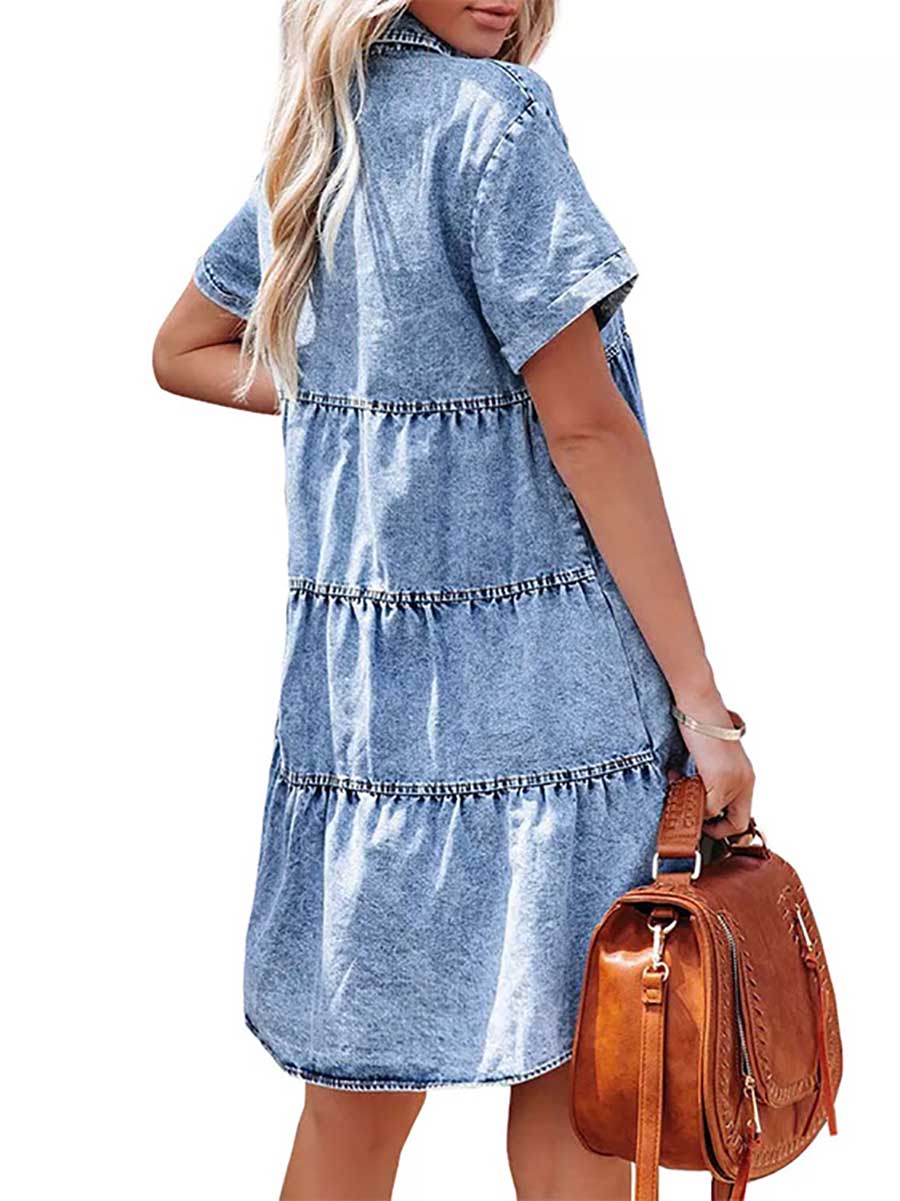 Washed Denim Lapel Loose Sweetheart Ruffle Dress