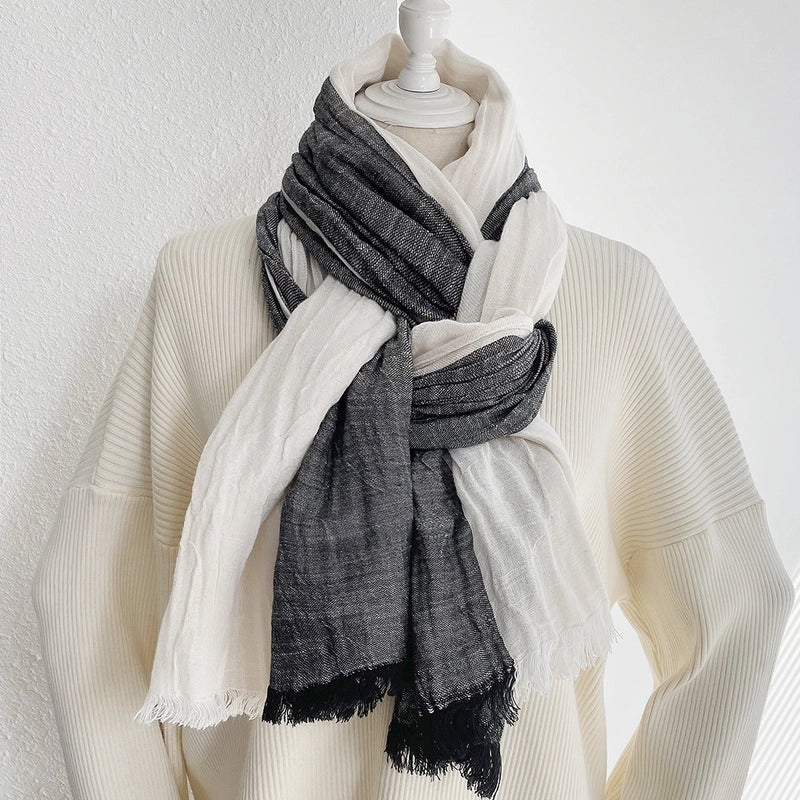 Unisex Retro Color Block Cotton Tassel Scarf