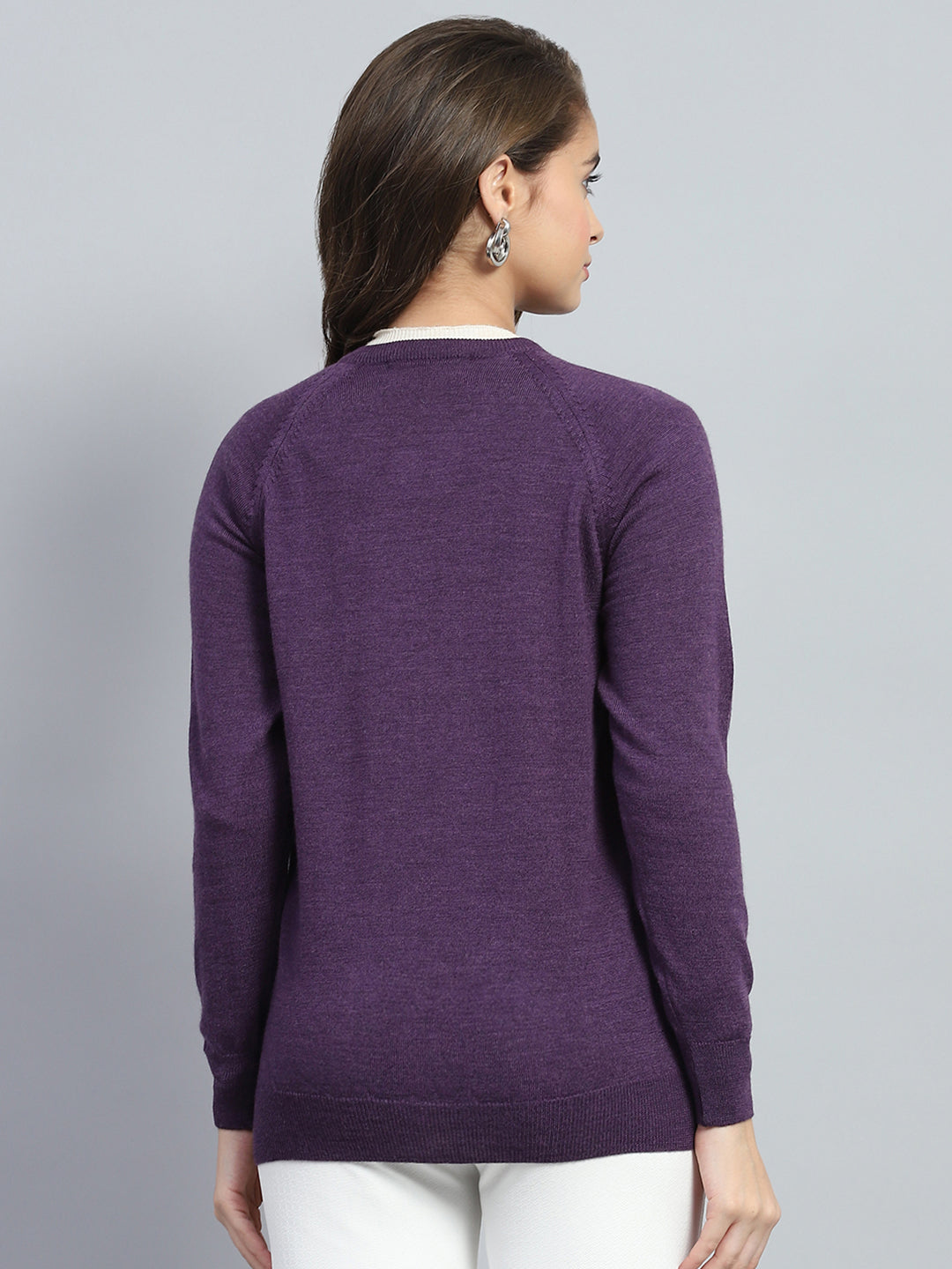 Women Purple Solid Round Neck Full Sleeve Cardigan