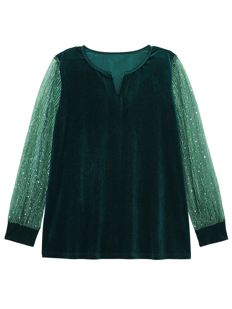 Velvet Patchwork Mesh Sequin Notched T-shirt