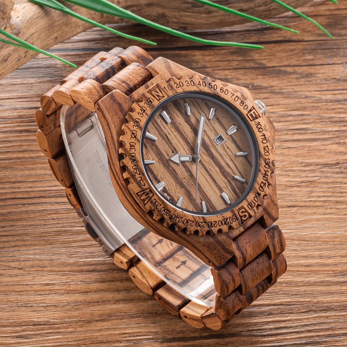 Natural Zebra Mens Quartz Calendar Wood Watch