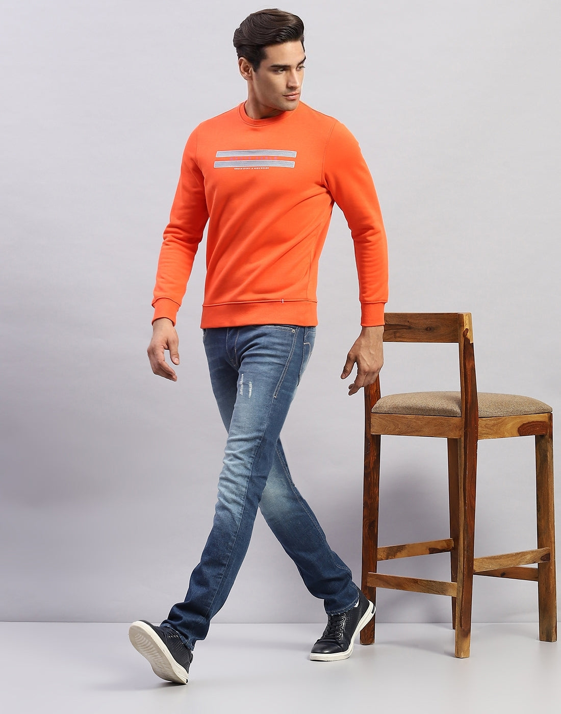 Men Orange Printed Round Neck Full Sleeve Sweatshirt