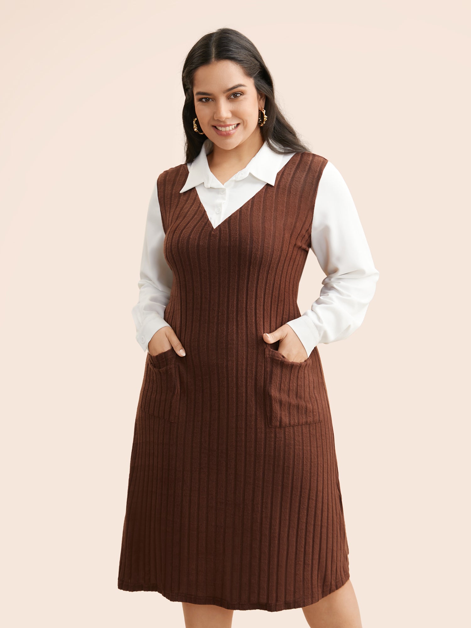 Shirt Collar Rib Knit Patchwork Dress